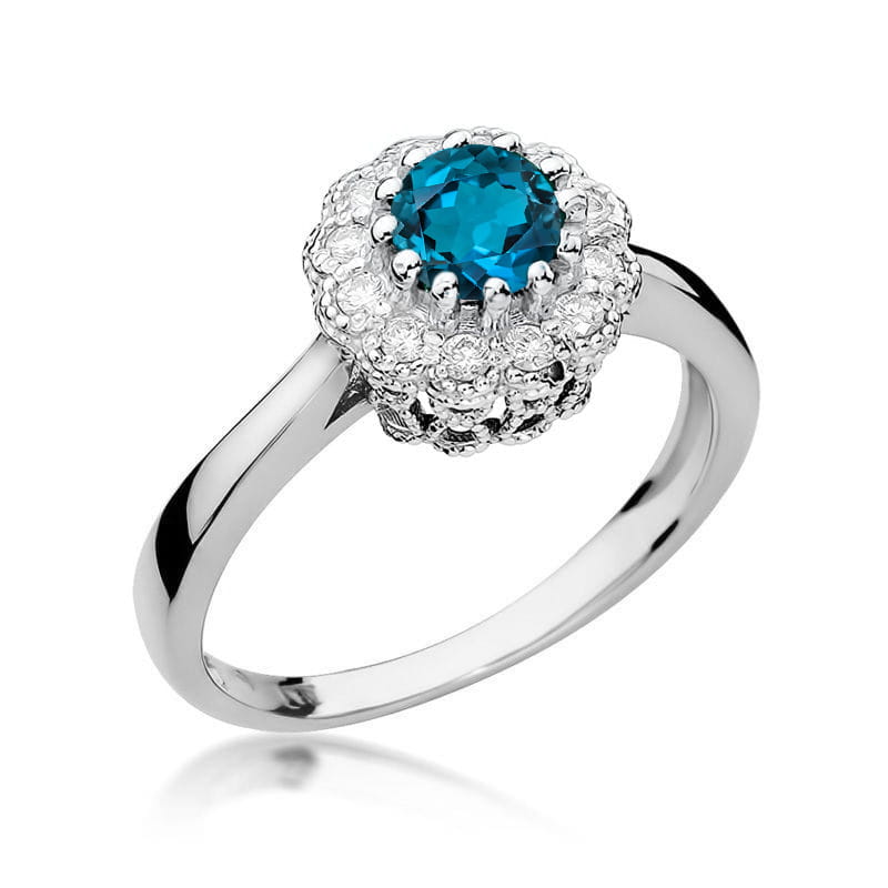 Pierścionek zaręczynowy z białego złota z brylantami i topazem London Blue 0.17 ct 2