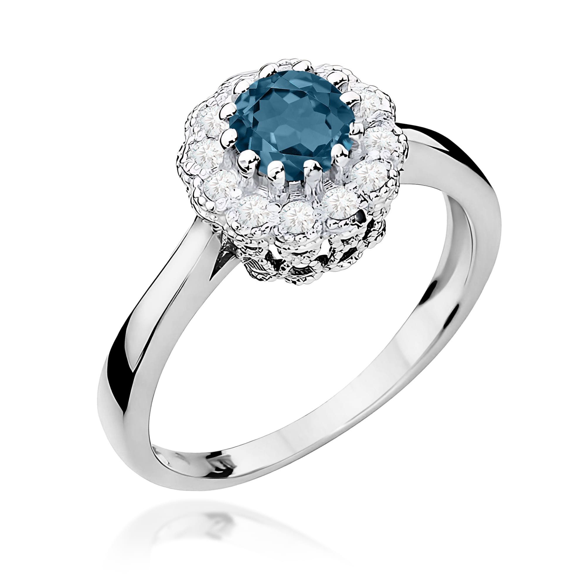 Pierścionek zaręczynowy z białego złota z brylantami i topazem London Blue 0.17 ct 3