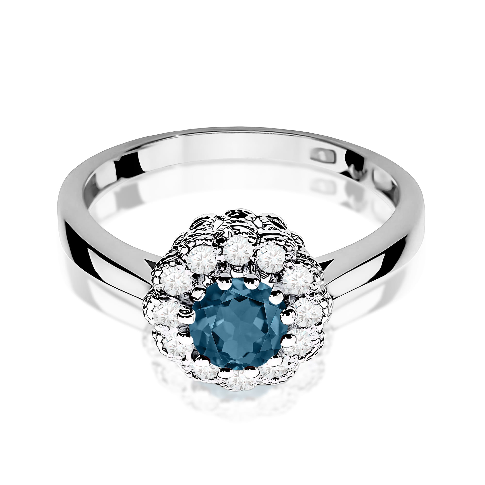 Pierścionek zaręczynowy z białego złota z brylantami i topazem London Blue 0.17 ct 5