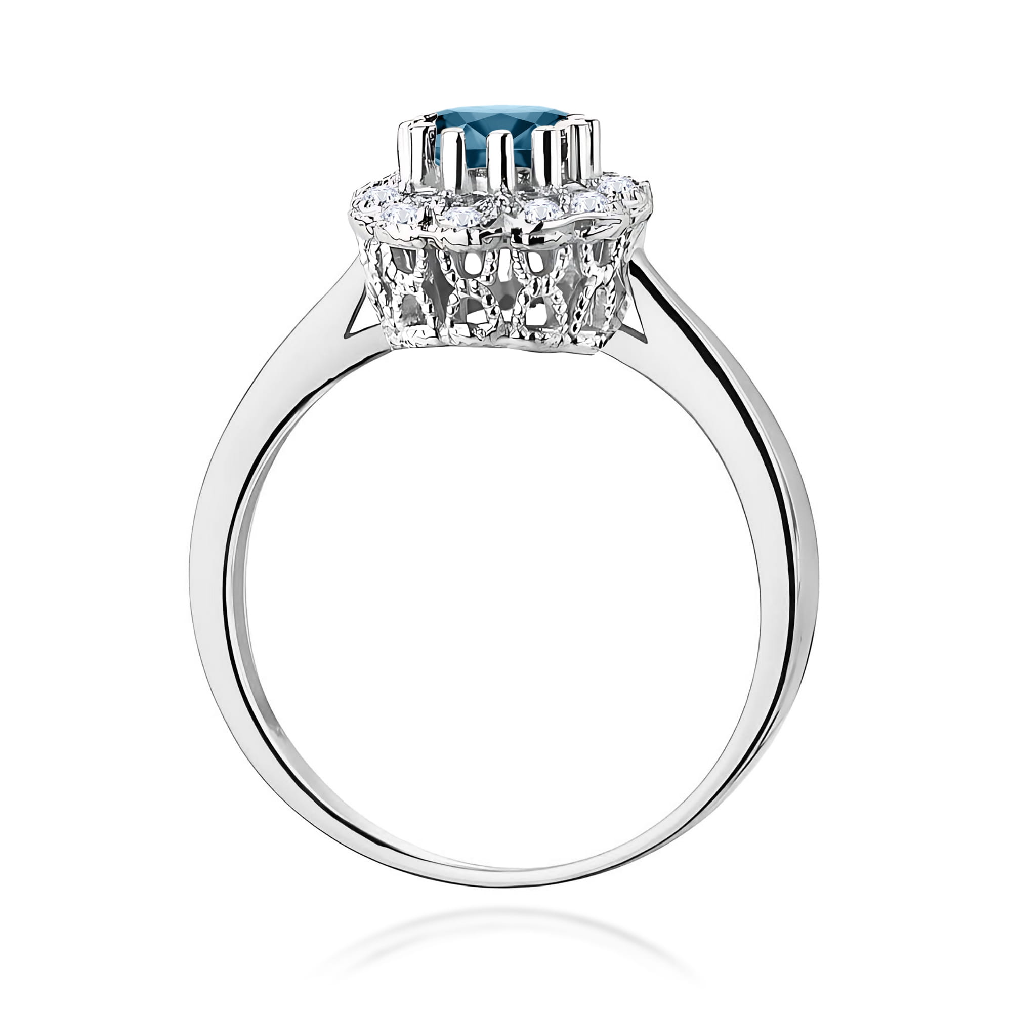 Pierścionek zaręczynowy z białego złota z brylantami i topazem London Blue 0.17 ct 1