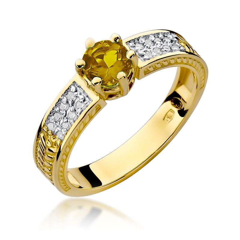 Pierścionek zaręczynowy z żółtego złota z brylantami i cytrynem 0.08 ct 2