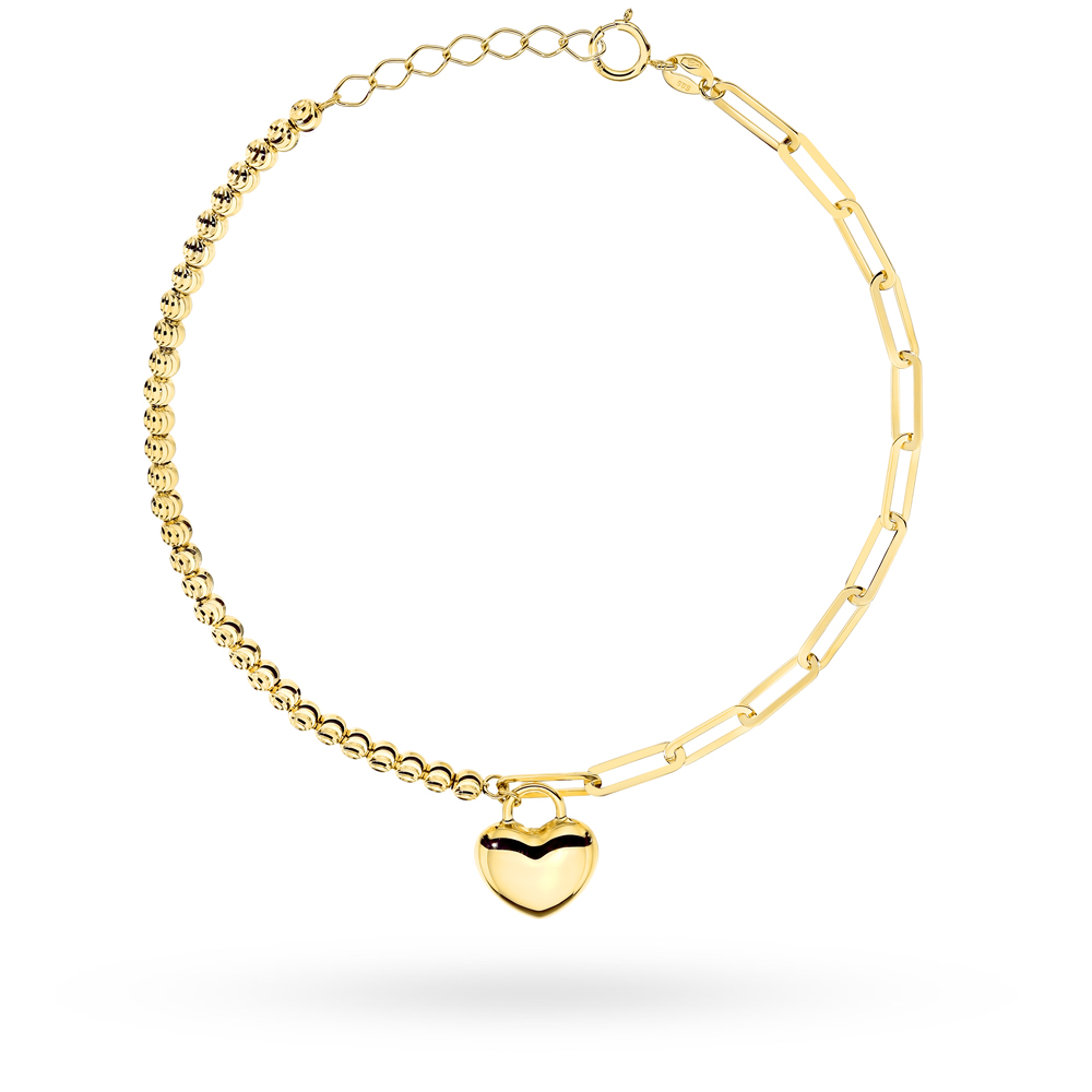Bransoletka złota serce, długie ogniwa i diamentowane kulki FUG2-B01159-585 1