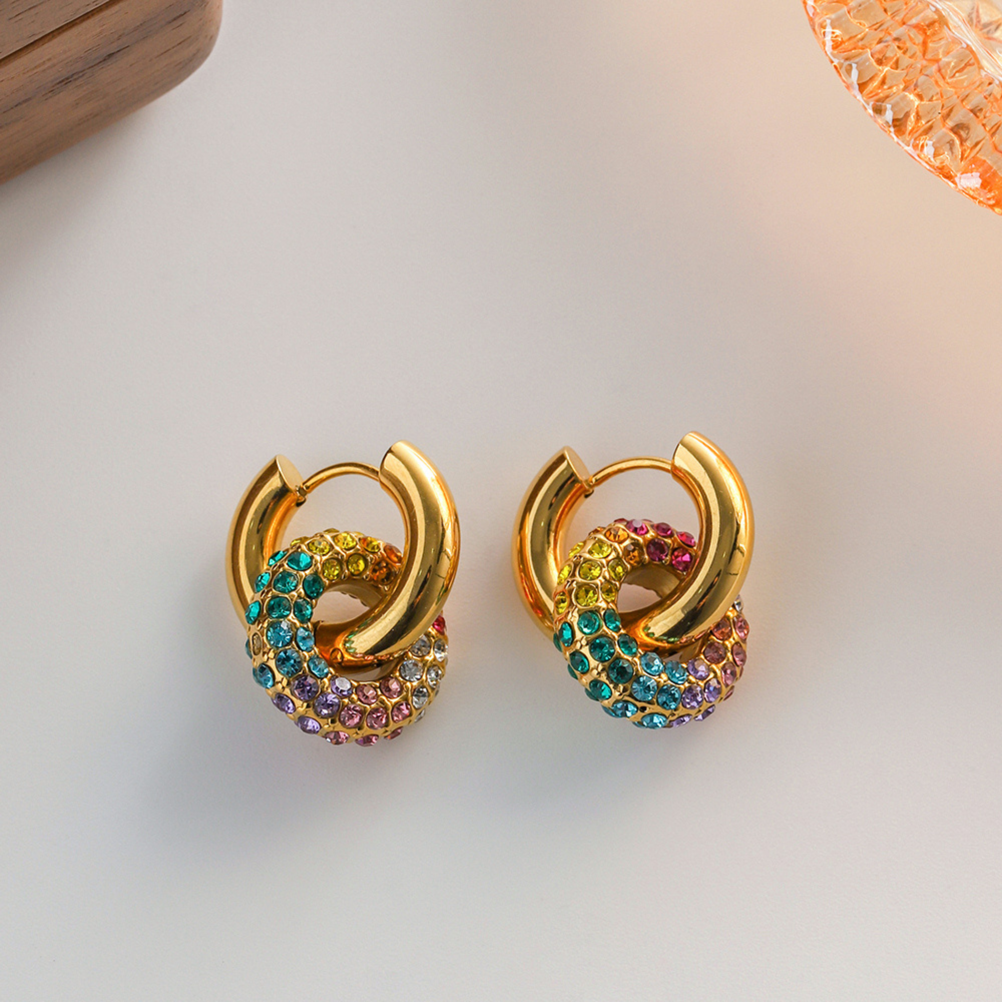 Kolczyki damskie złote z kolorowymi kamieniami FUGJDE2023652 5