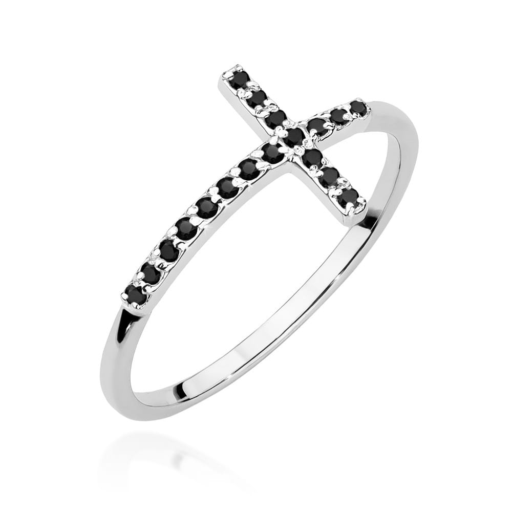 Pierścionek z białego złota krzyżyk z czarnymi brylantami 0.09ct 3