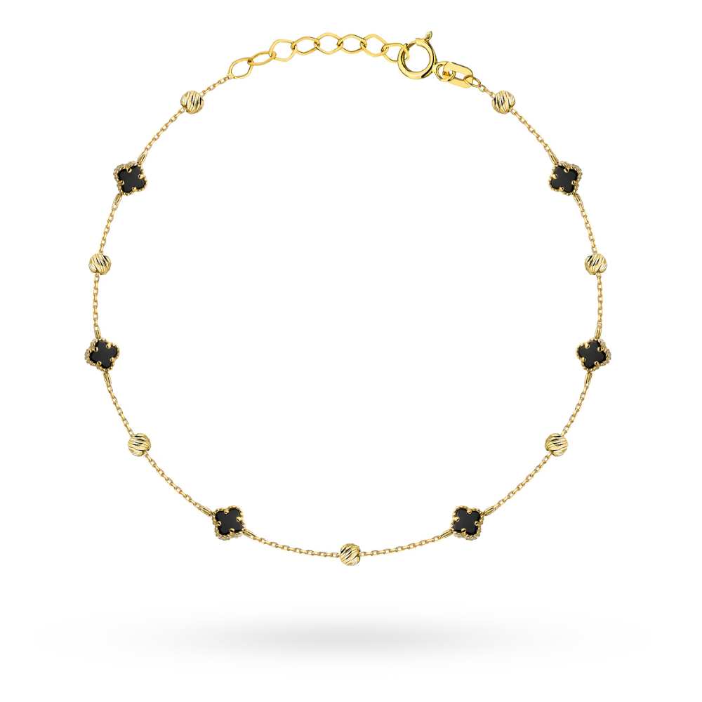 Bransoletka z żółtego złota czarna koniczyna i diamentowane kulki FUG2-B01151-585 1