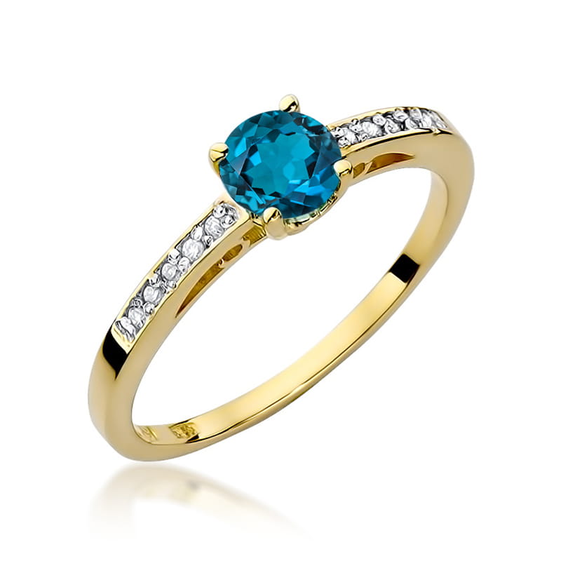 Pierścionek zaręczynowy z żółtego złota z brylantami i topazem London Blue 0.05 ct 3
