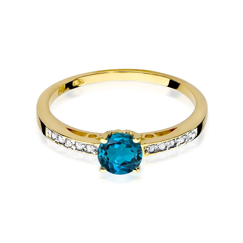 Pierścionek zaręczynowy z żółtego złota z brylantami i topazem London Blue 0.05 ct 2
